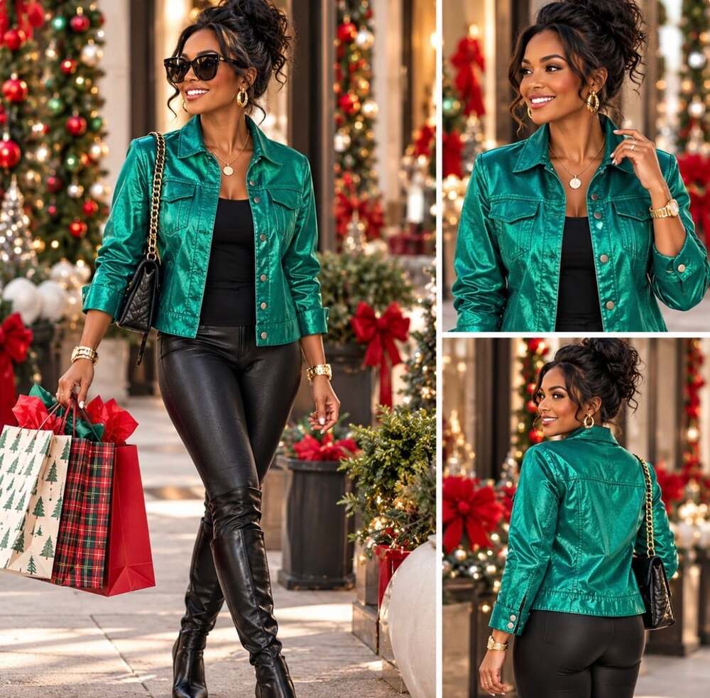 Chico's Women's Emerald Metallic Green Button-Front Utility Jacket Size 3